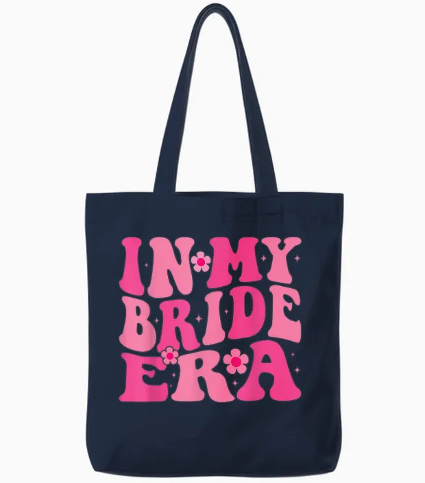 In My Bride Era Bride Era Bride Era Bridal Floral Groovy Retro Design T-Shirt, Black Tote Bags in Navy