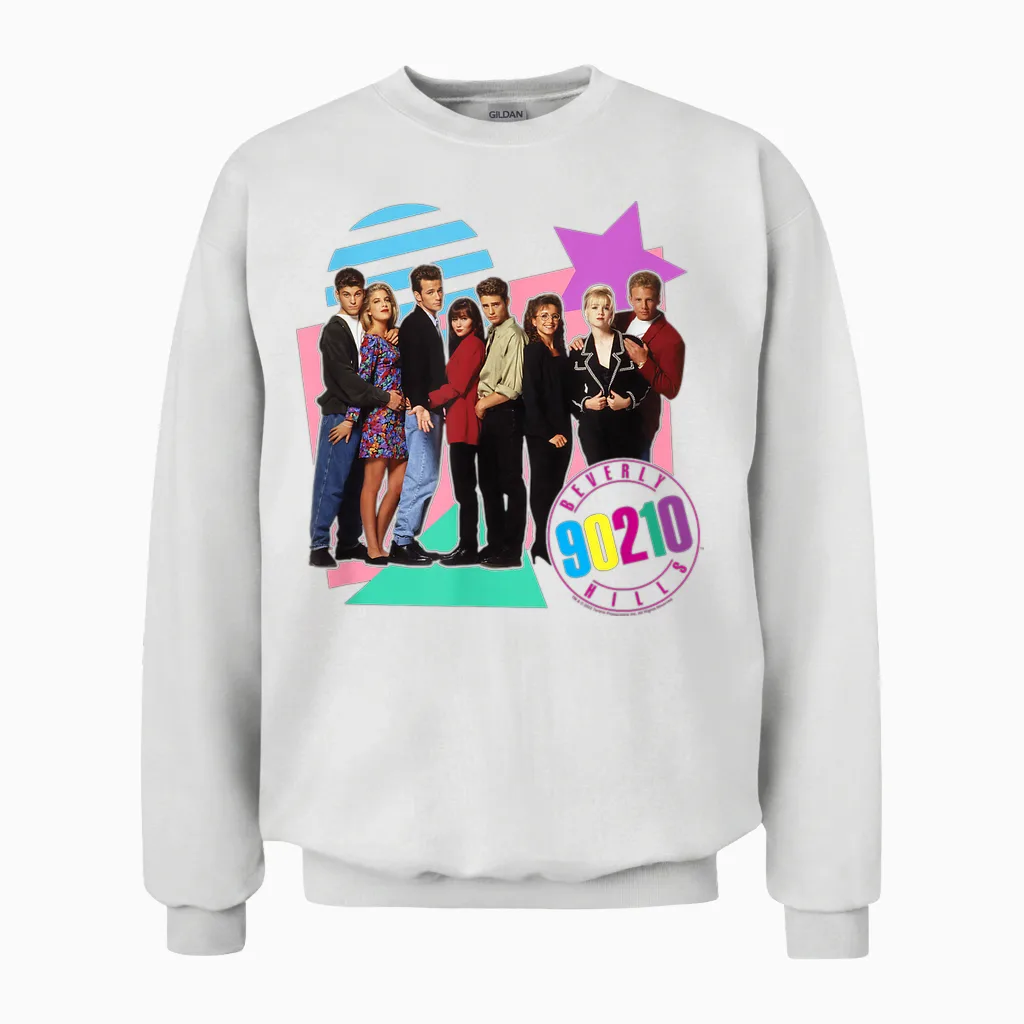 Beverly Hills 90210 Retro T-Shirt Für Erwachsene - Unisex - Multicolored - S - Klein - Eu - Rundhals-Ausschnitt - Halbarm - Klassische Passform - Imported - Retro-Poster-Design Unisex Sweatshirt in White