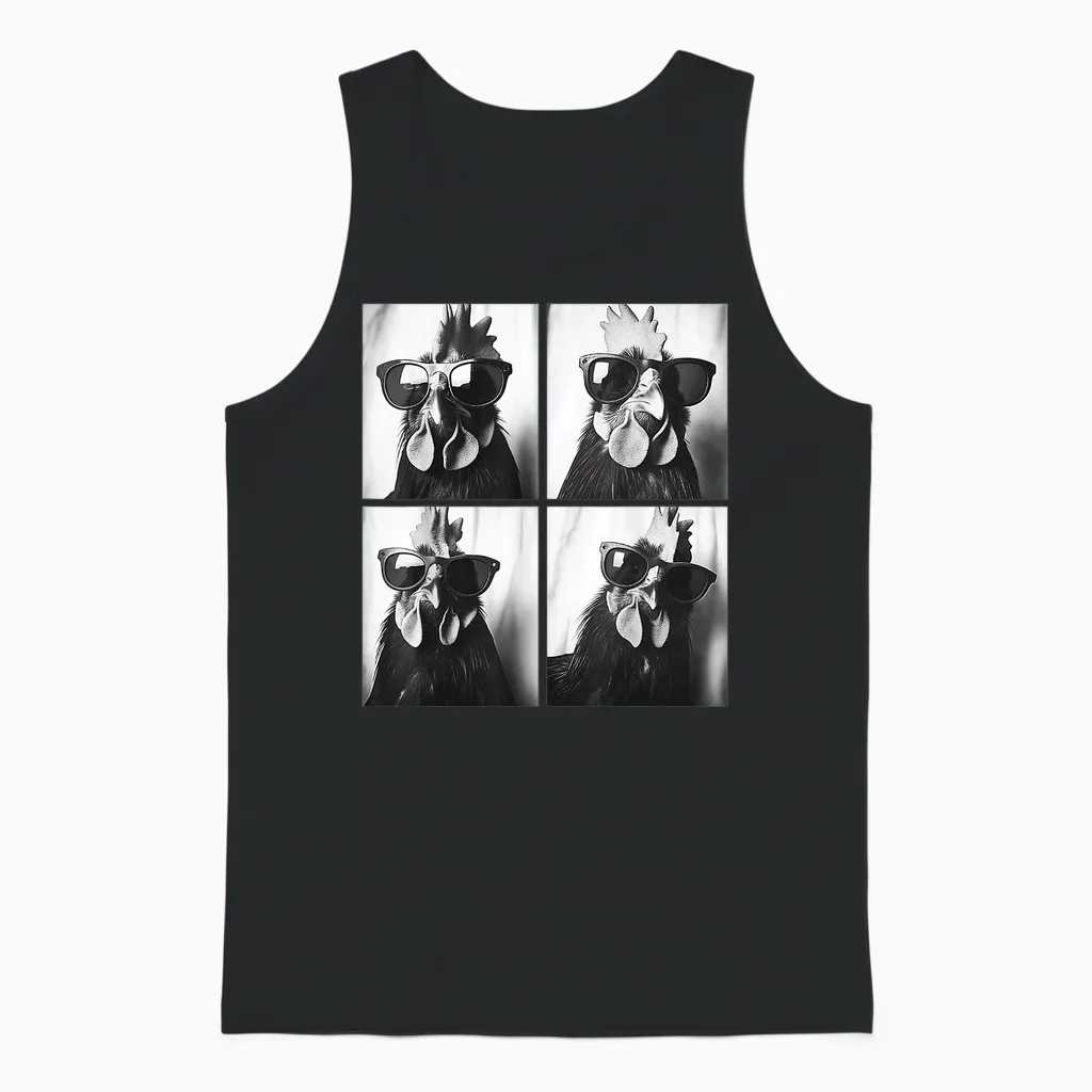 Hahn Wearing Sunglasses Photobooth Selfie Farm Chicken Unisex Tank Top in Black