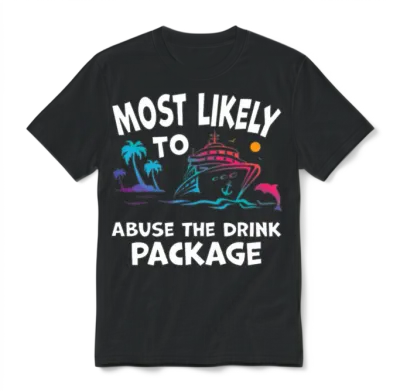 Most Likely to Abuse the Drink Package Funny Cruis Unisex T-Shirt - Black