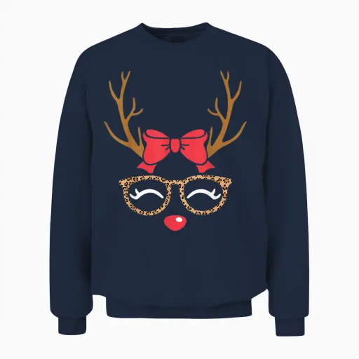Reindeer Face Bow Leopard Glasses Christmas Womens Girls Unisex Sweatshirt in Navy
