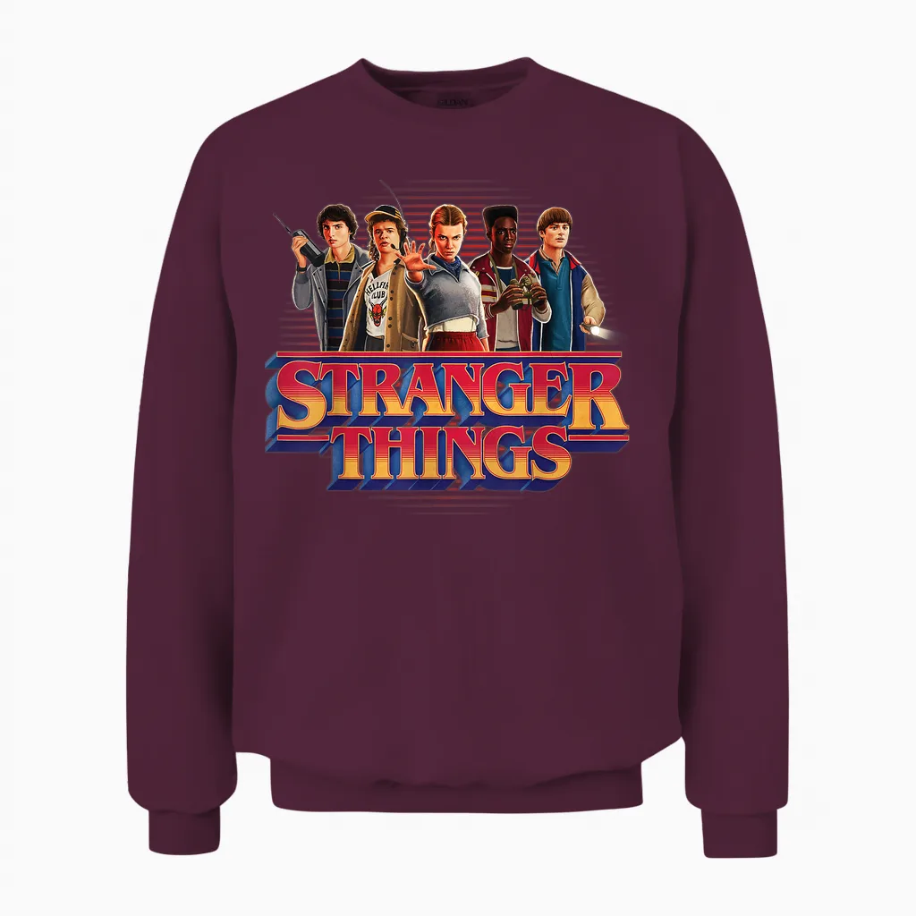 Stranger Things Season 5 Main Crew 80's Style Group Logo Unisex Sweatshirt in Maroon