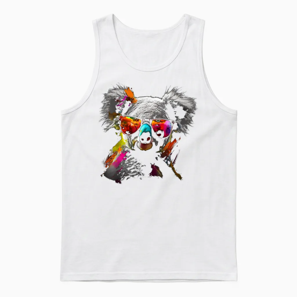 Koala Sunglasses Colourful Animal Motif Art Animal Koala T-Shirt, Black Unisex Tank Top in White