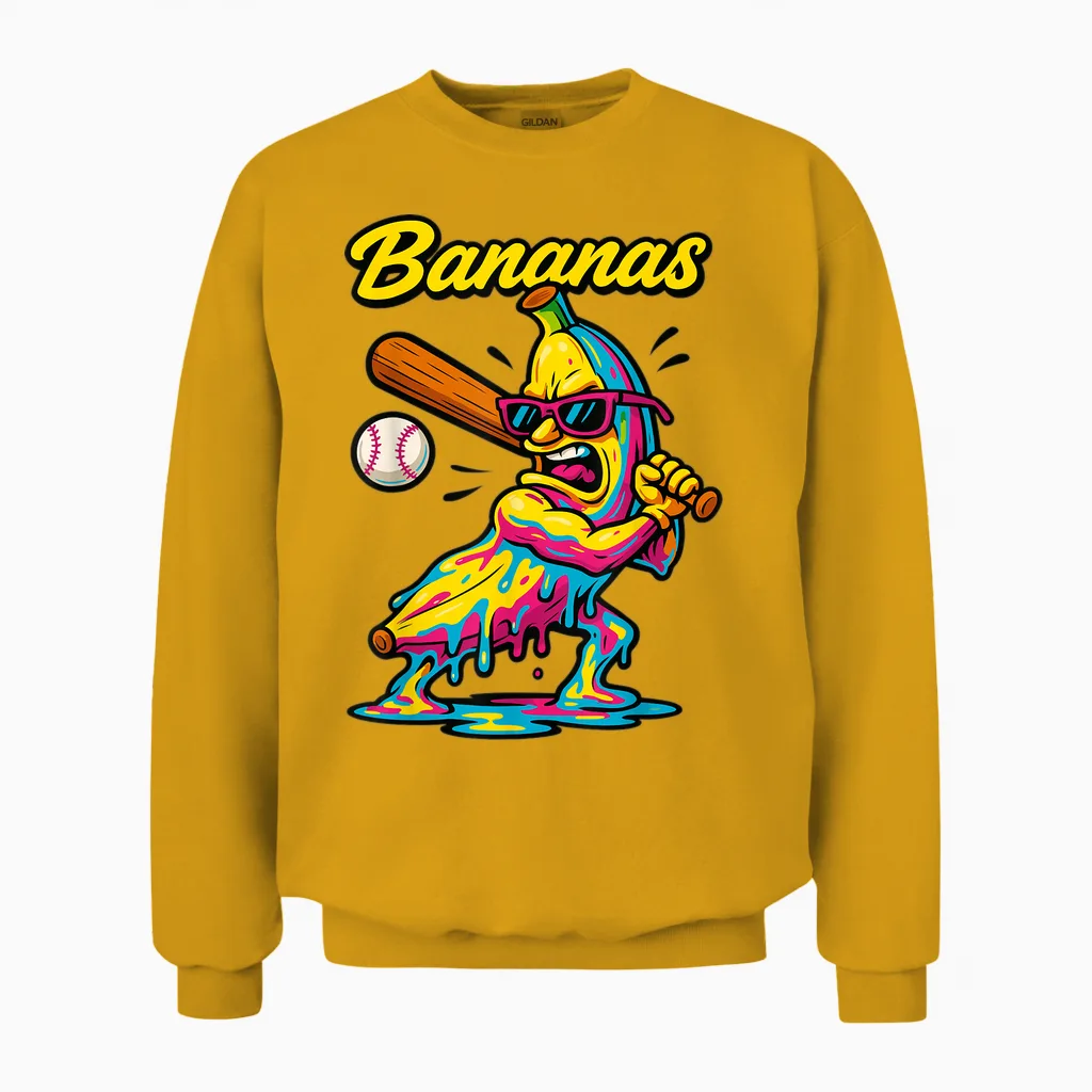 Funny Banana Swinging Baseball Funny Drip Mascot Cool Banana Unisex Sweatshirt in Gold