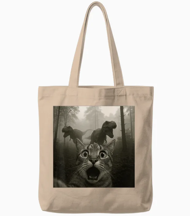 Cat Selfie with Rex Dinosaur Funny Cat Kids Men Women Tote Bags in Natural
