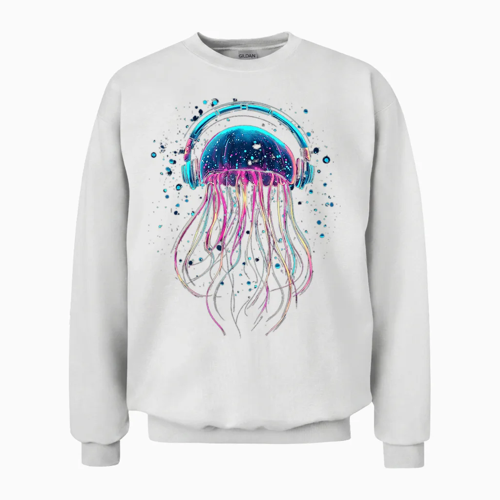 @n!mal Quallen Tiermotiv Musik Kopfhörer Kunst Quallen T-Shirt Schwarz S Cartoon Klassisch Crew-Neck Kurzarm Unisex Erwachsene Kinder Tierliebhaber Unisex Sweatshirt in White