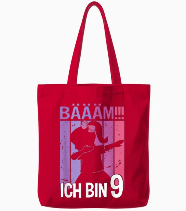 Girls' T-Shirt with German Text "tanzen Bääm Ich Bin 9 Jahre Dab" [german Tote Bags in Red
