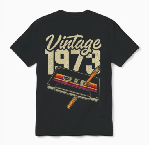 Vintage 1973 Cassette Pencil Retro Birthday 52 Years Unisex T-Shirt in Black