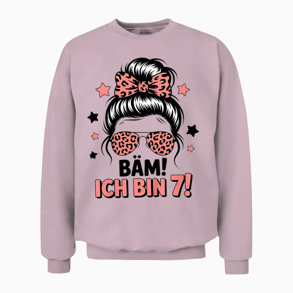 Bäm Ich Bin 7 Messy Bun Mädchen 7 Geburtstag Unisex Sweatshirt in Light Pink