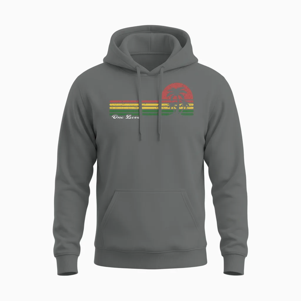 One Love Reggae Rasta Vintage Sunset Palm Trees Island Unisex Hoodie in Graphite Heather