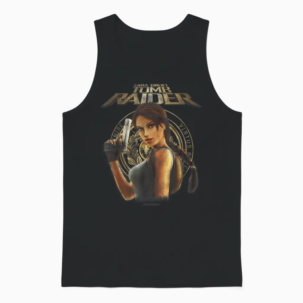 Tomb Raider Lara Croft Portrait with Seal Retro Video Game Unisex Tank Top in Black