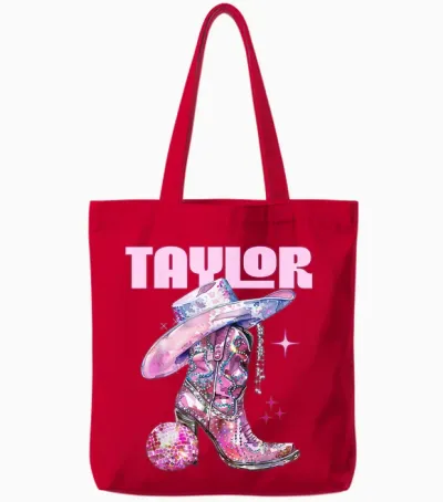 Taylor Outfit Disco Pink Cowgirl Shirt Women's Teen Girls Name T-Shirt, Black Tote Bags - Red