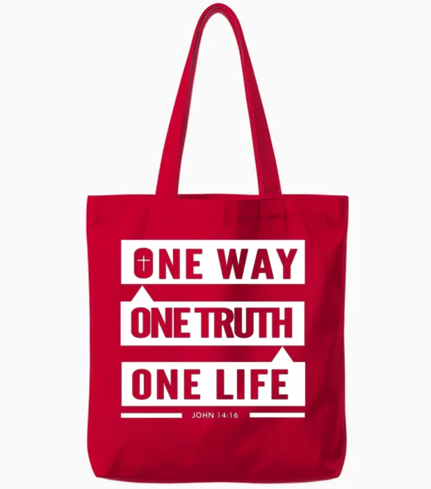 One Way One Truth One Life Faith Based Christian Tote Bags in Red