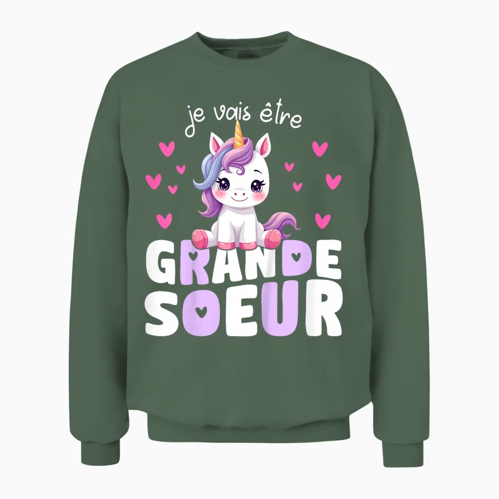 I Will Be Big Sister Unicorn Announcement Pregnancy Sister Unisex Sweatshirt in Military Green