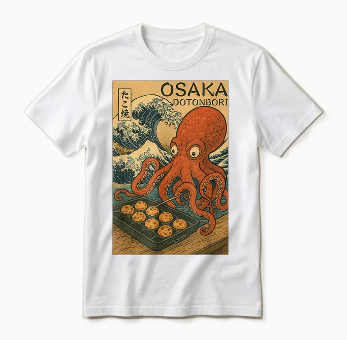 Japanese Design Osaka Takoyaki Wave Unisex T-Shirt in White