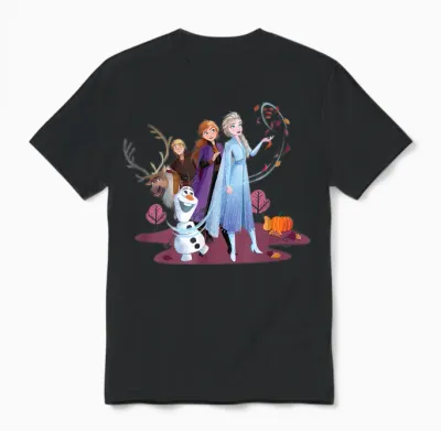 Disney Princess Frozen Elsa Anna Olaf Sven and Kristoff Fall T-Shirt, Black Unisex T-Shirt - Black