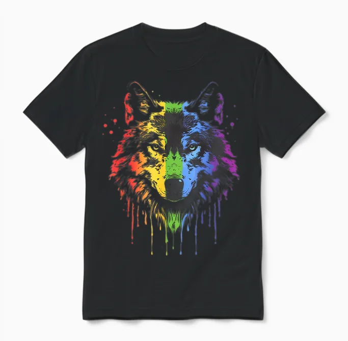 Lgbt Gay Pride Watercolour Wolf Lgbtq Rainbow Lesbian Pride Unisex T-Shirt in Black