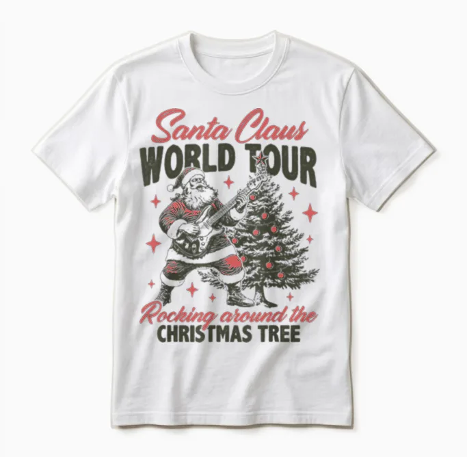 Santa Claus World Tour Rocking Around the Christmas Tree Unisex T-Shirt in White