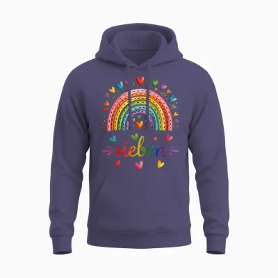 Rainbow Hearts 7th Birthday 7 Years Girls Unisex Hoodie - Heather Sport Dark Navy