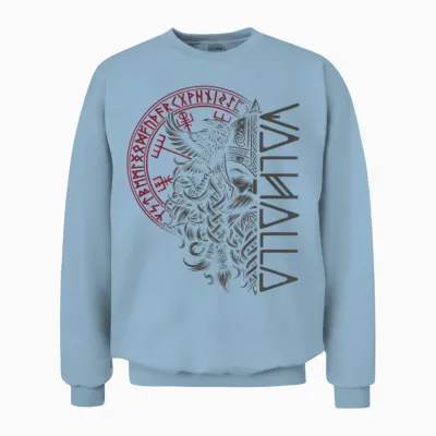 Walhalla Odin with Ravens Runes Nordic Compass Viking Unisex Sweatshirt - Light Blue