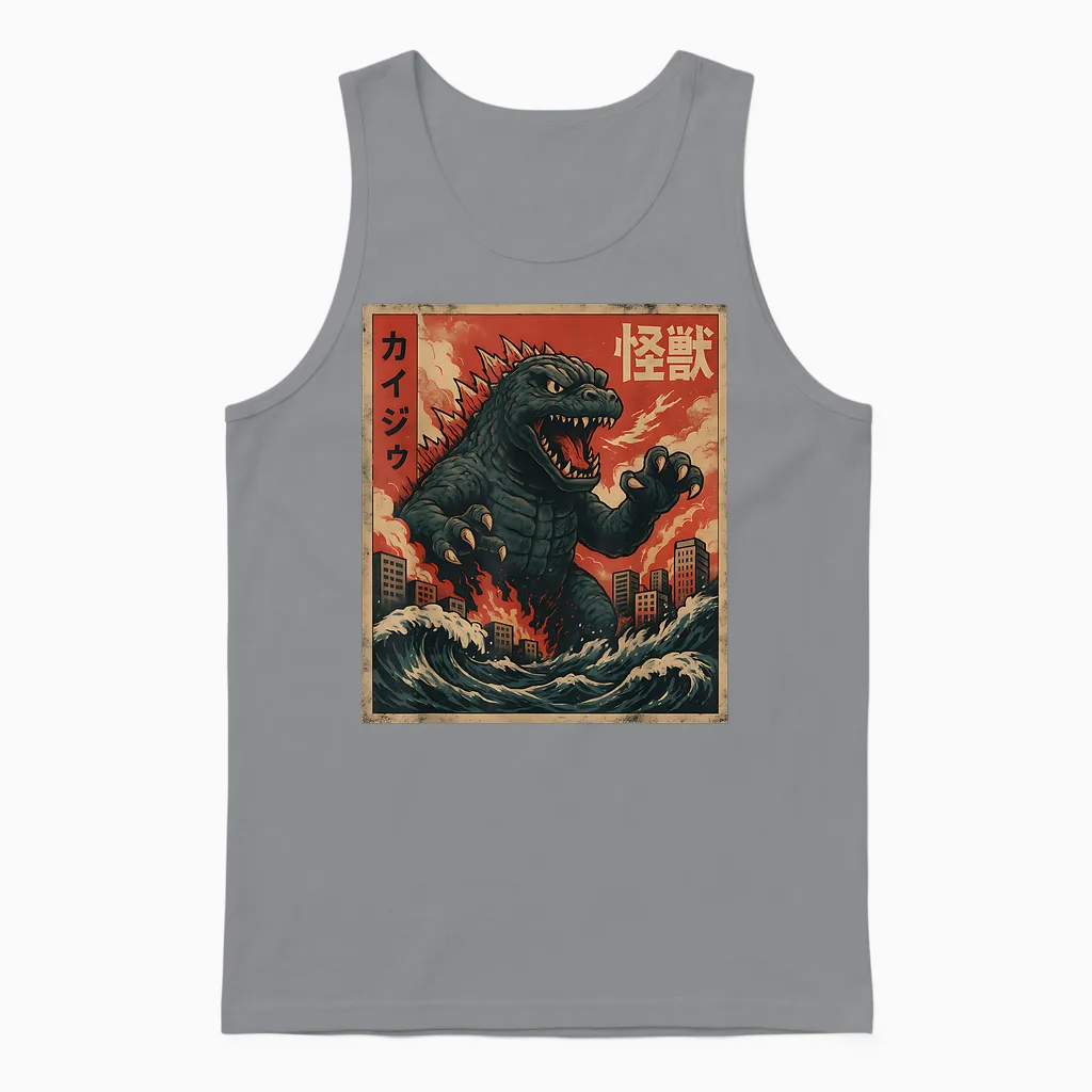 Kaiju Vintage Japanese Anime Art Retro Graphic Unisex Tank Top in Sport Grey