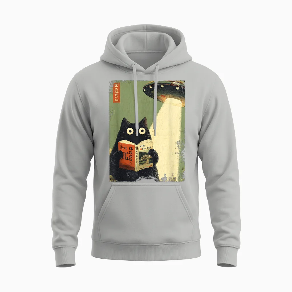 Vintage Japanese Cat Book for Ufo Lovers Alien Abduction Unisex Hoodie in Ash
