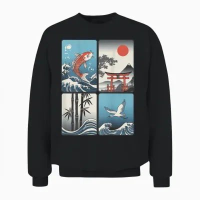 Japanischer Koi-Fisch, Die Große Welle Vor Kanagawa Kanji (rückseite) Unisex Sweatshirt - Black