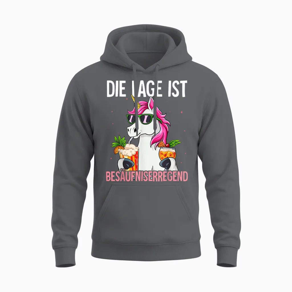 T-Shirt with German Text "die Lage Ist Besäufniserregend, Black Unisex Hoodie in Charcoal