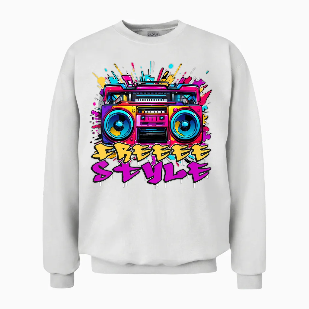 Boombox Graffiti Urban Street Wear Hip Hop Colorful T-Shirt, Black, S Unisex Sweatshirt in White