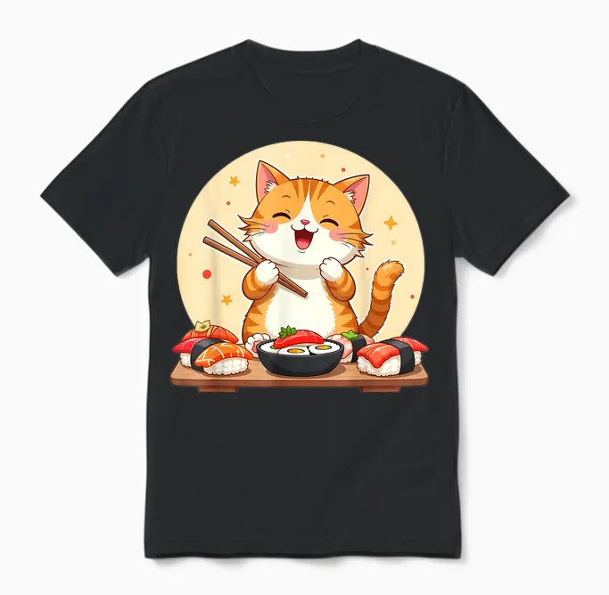 Japanese Sushi Kawaii Sushi Cat Lover T-Shirt, Black, S Unisex T-Shirt in Black