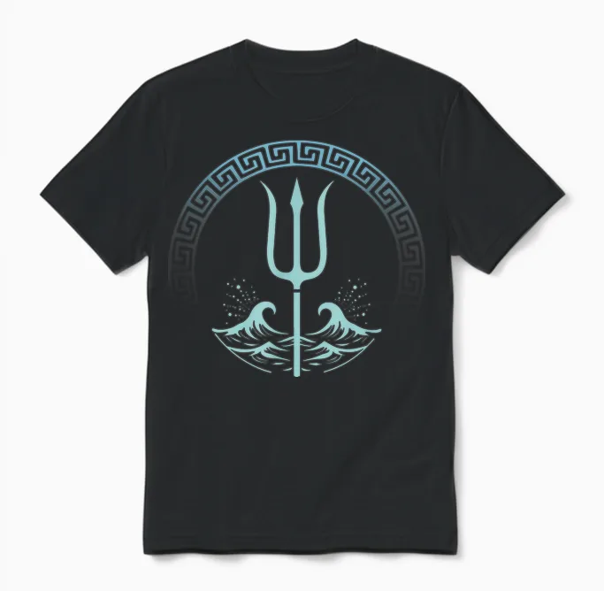 Poseidon Greek God Symbol T-Shirt, Black Unisex T-Shirt in Black