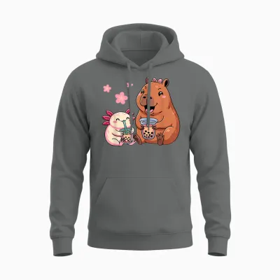 Axolotl and Capybara Drinking Bubble Tea Kawaii Girls' Children's Unisex Hoodie - Graphite Heather