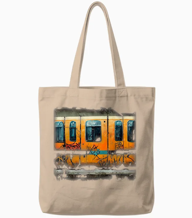 Trains Graffiti Style Street Art T-Shirt, Black Tote Bags in Natural