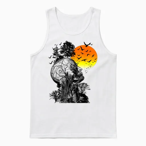 Vintage Funny Hangover Human Tree Retro Artistic Sunset Unisex Tank Top in White