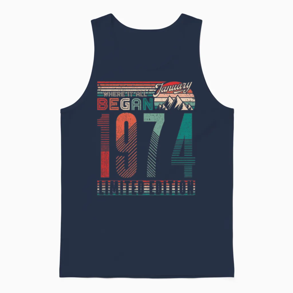 Birthday 1974 Vintage January Retro Gift Unisex Tank Top in Navy