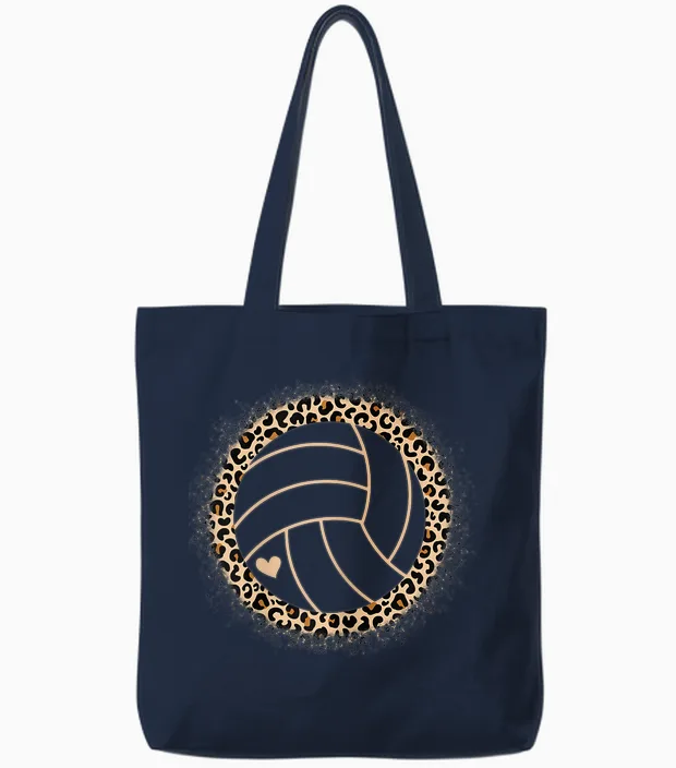 Volleyball Leopard Print Volleyball Player Women Girls T-Shirt, Black Tote Bags in Navy