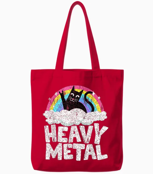 Heavy Metal Cat Satanic Children's Punk Rock Band Metal Rainbow T-Shirt, Black Tote Bags in Red
