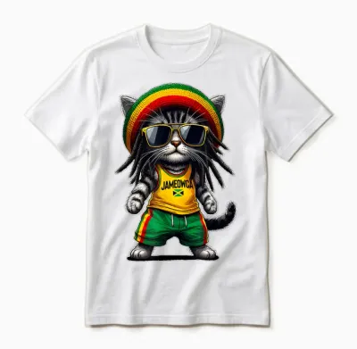 Jameowca Cool & Funny Jamaican Rasta Reggae Cat T-Shirt, Black, S Unisex T-Shirt - White