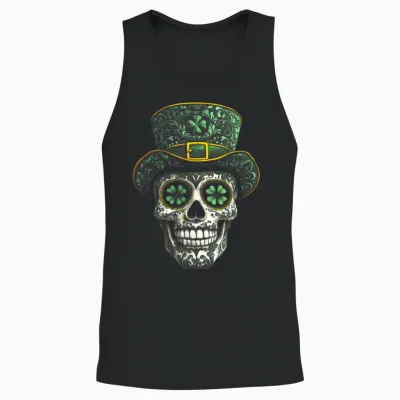 Sugar Skull St Patrick Day of the Dead Lucky Shamrock Clover Unisex Tank Top - Black