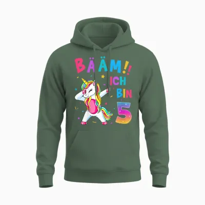 Children's 5th Birthday Girl 5 Years Old Dancing Funny Unicorn T-Shirt, Black Unisex Hoodie - Military Green