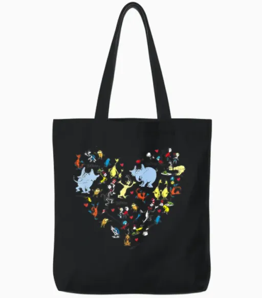 The Cat in the Hat Characters and Hearts Officially Licensed Tote Bags - Black