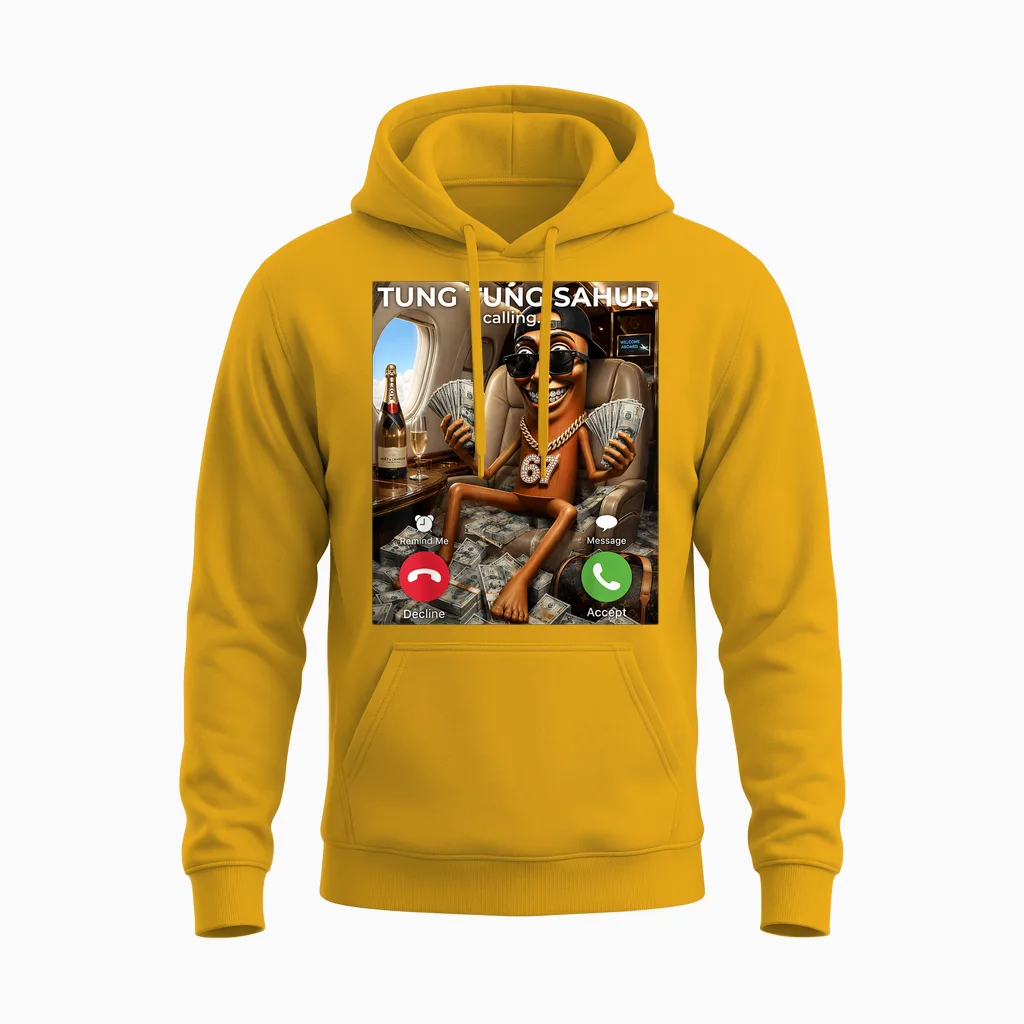 Rich Tung Sahur Money Calling Meme 67 Brainrot Luxury Vibes Unisex Hoodie in Gold