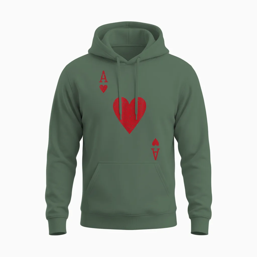 Ace Heart Card Poker Vegas T-Shirt Fancy Dress Costume Unisex Hoodie in Military Green