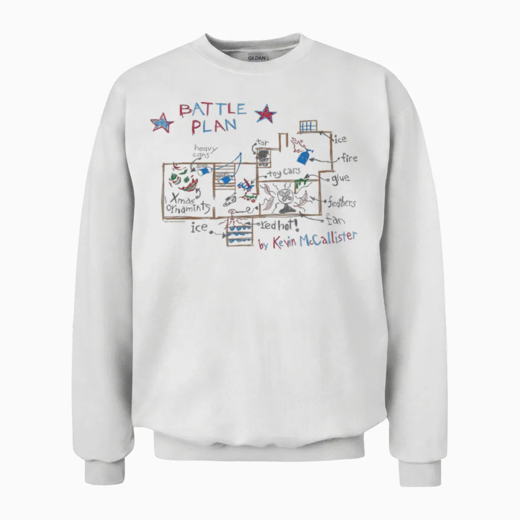 Home Alone Christmas Kevin's Battle Plan Drawing T-Shirt, Black, S Unisex Sweatshirt in White