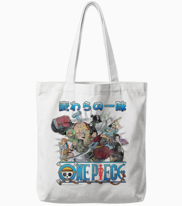 One Piece Anime Retro Straw Hat Crew Cast Collage Tote Bags in White