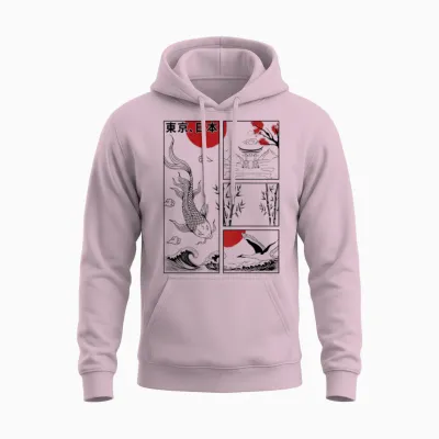 Japanese Koi Fish the Great Wave off Kanagawa Kanji (back) T-Shirt, Gray Unisex Hoodie - Light Pink
