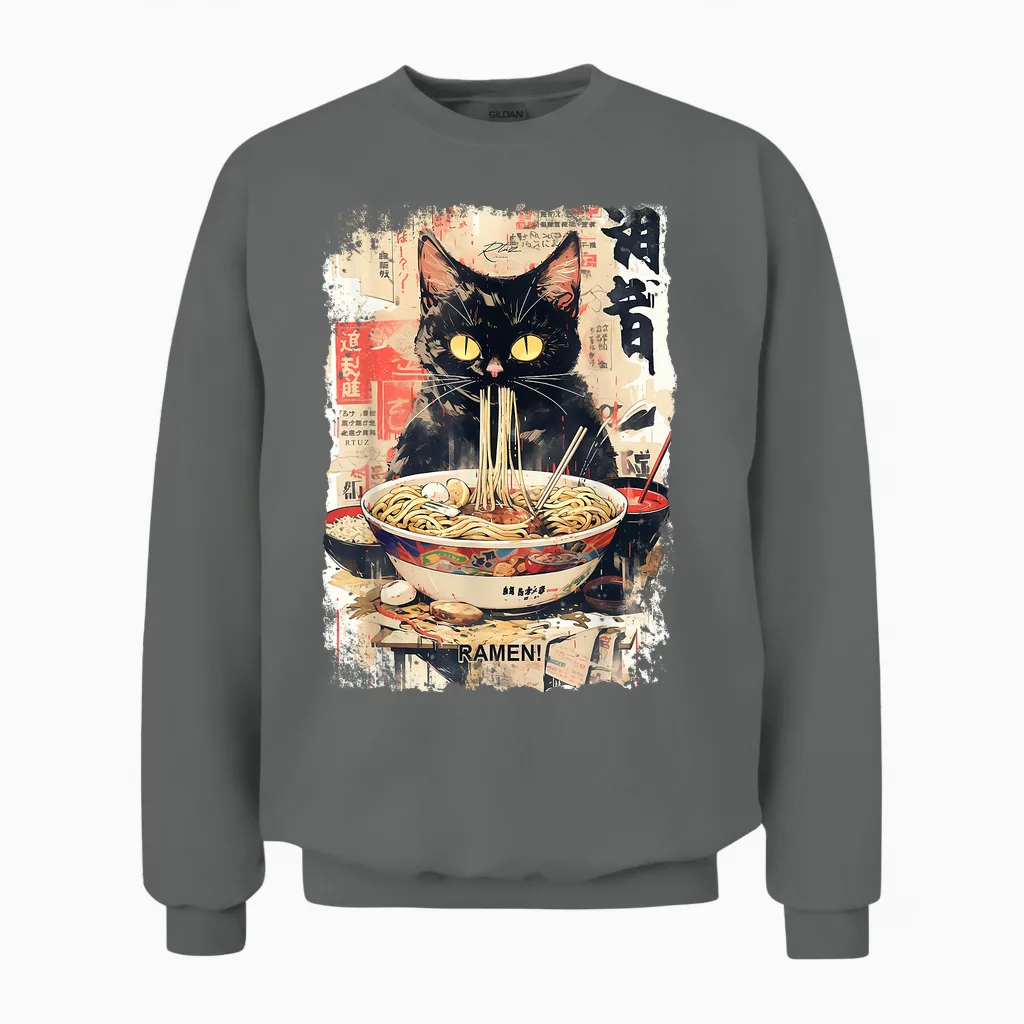 Cat Ramen Noodle Japanese Anime Manga Ramen Kawaii Cat T-Shirt, Black Unisex Sweatshirt in Graphite Heather