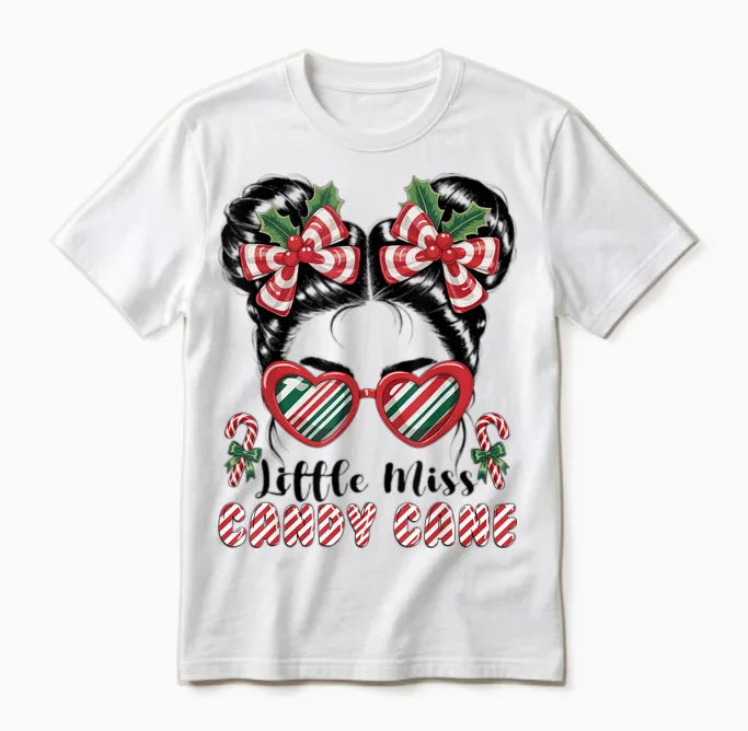 Messy Bun Little Miss Candy Cane Christmas Girls Unisex T-Shirt in White