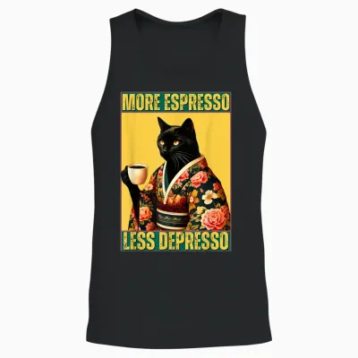 More Espresso Less Depresso Kimono Cat Japanese Art T-Shirt, Black Unisex Tank Top - Black