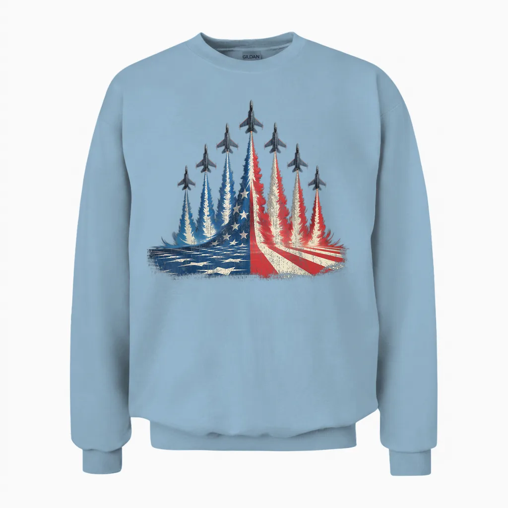 Fighter Jet American Flag 4th of July Unisex Sweatshirt in Light Blue